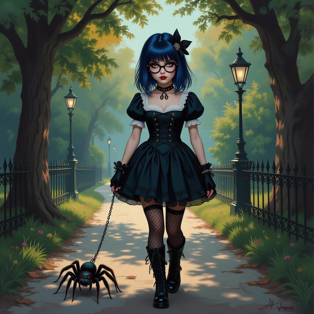 Goth Girl Walks Tarantula in Macabre Park Scene