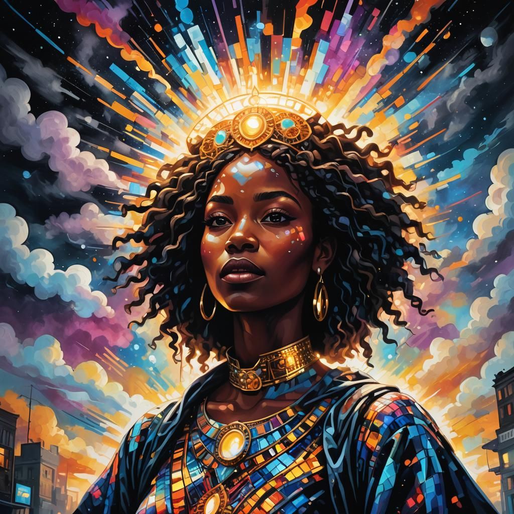 Luminous Woman Made of Streetlights in Dark Fantasy