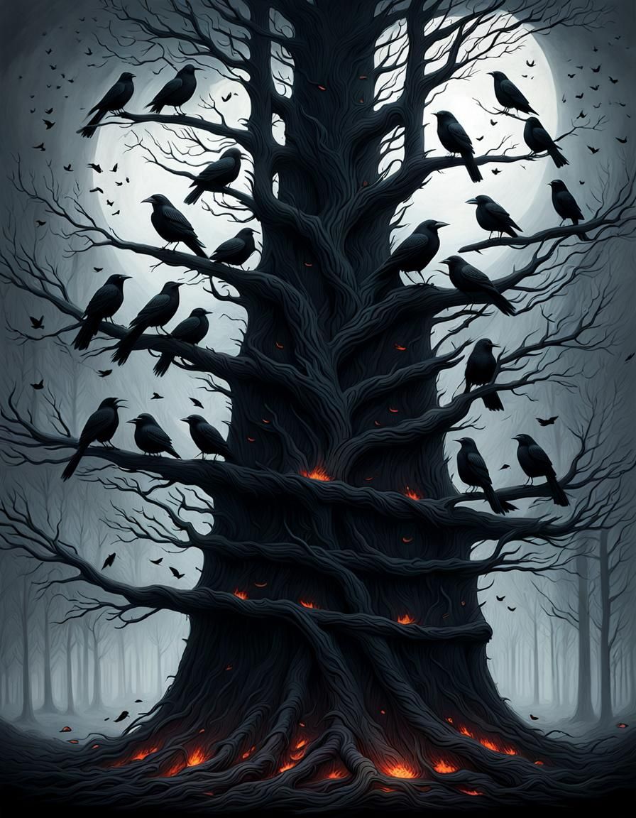 Crows Amidst a Haunting Forest Vignette in Fine Detail