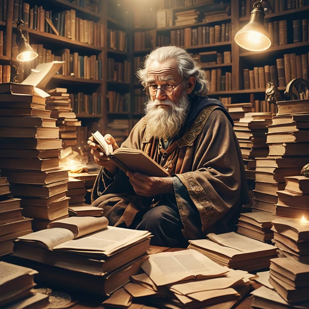 Wise Man in Dusty Library: Digital Artwork