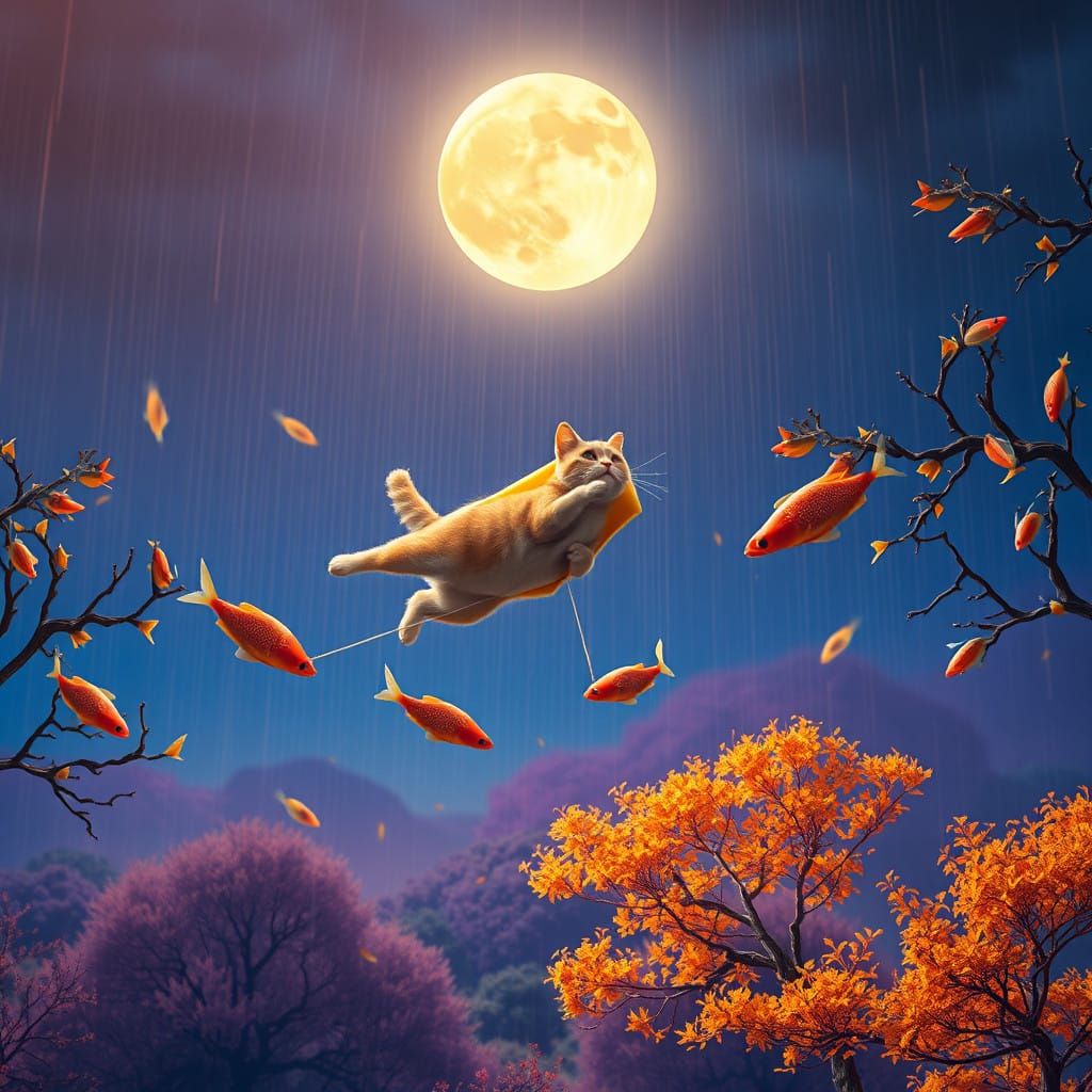 Whimsical Feline Soars on Celestial Cheese Kite