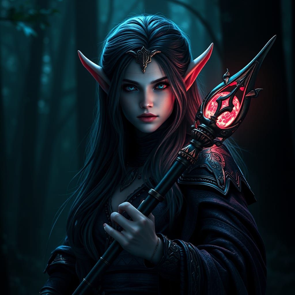 Dark Magic Elf Portrait in Hyperdetailed Style