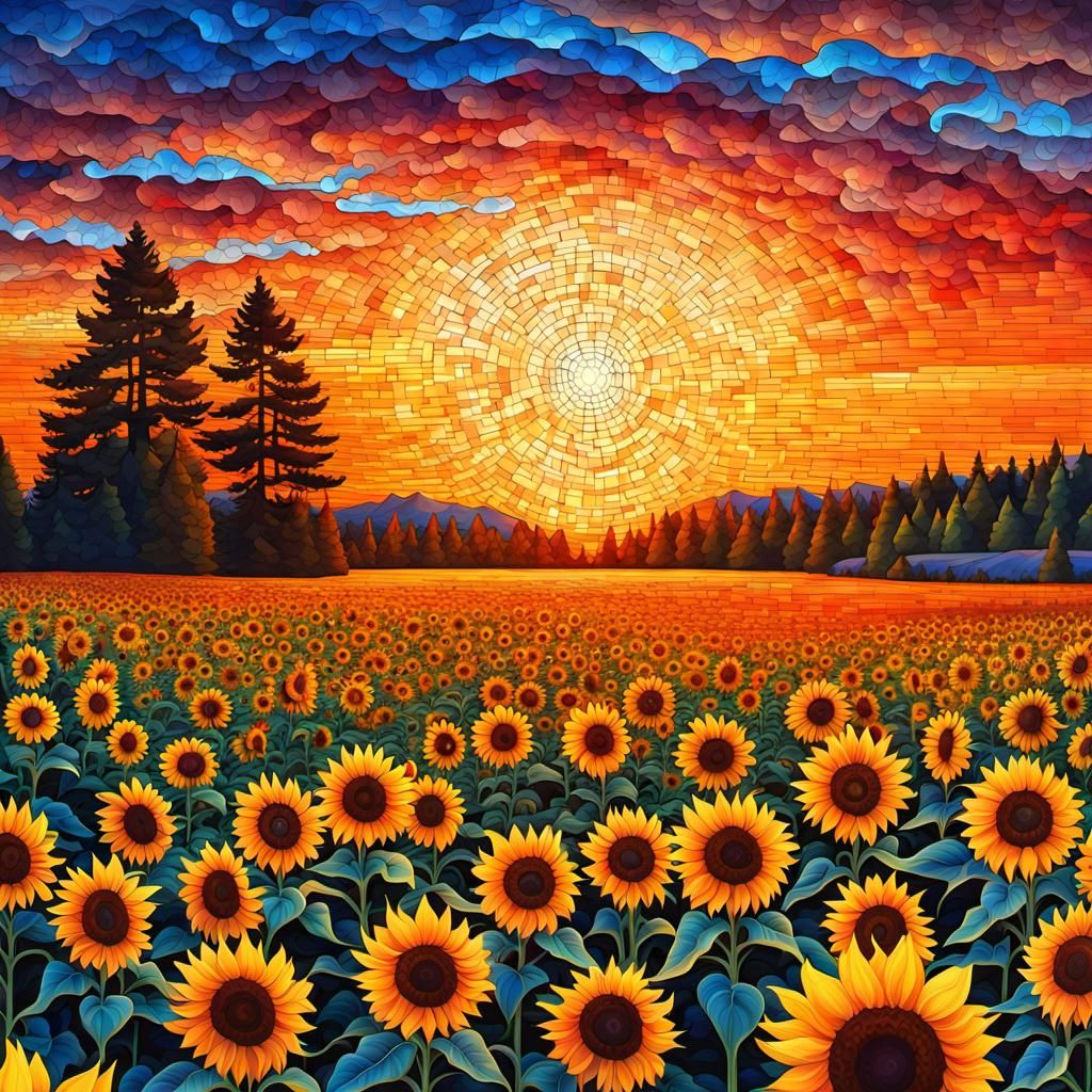 Colorful Stained Glass Landscape with Sunflowers