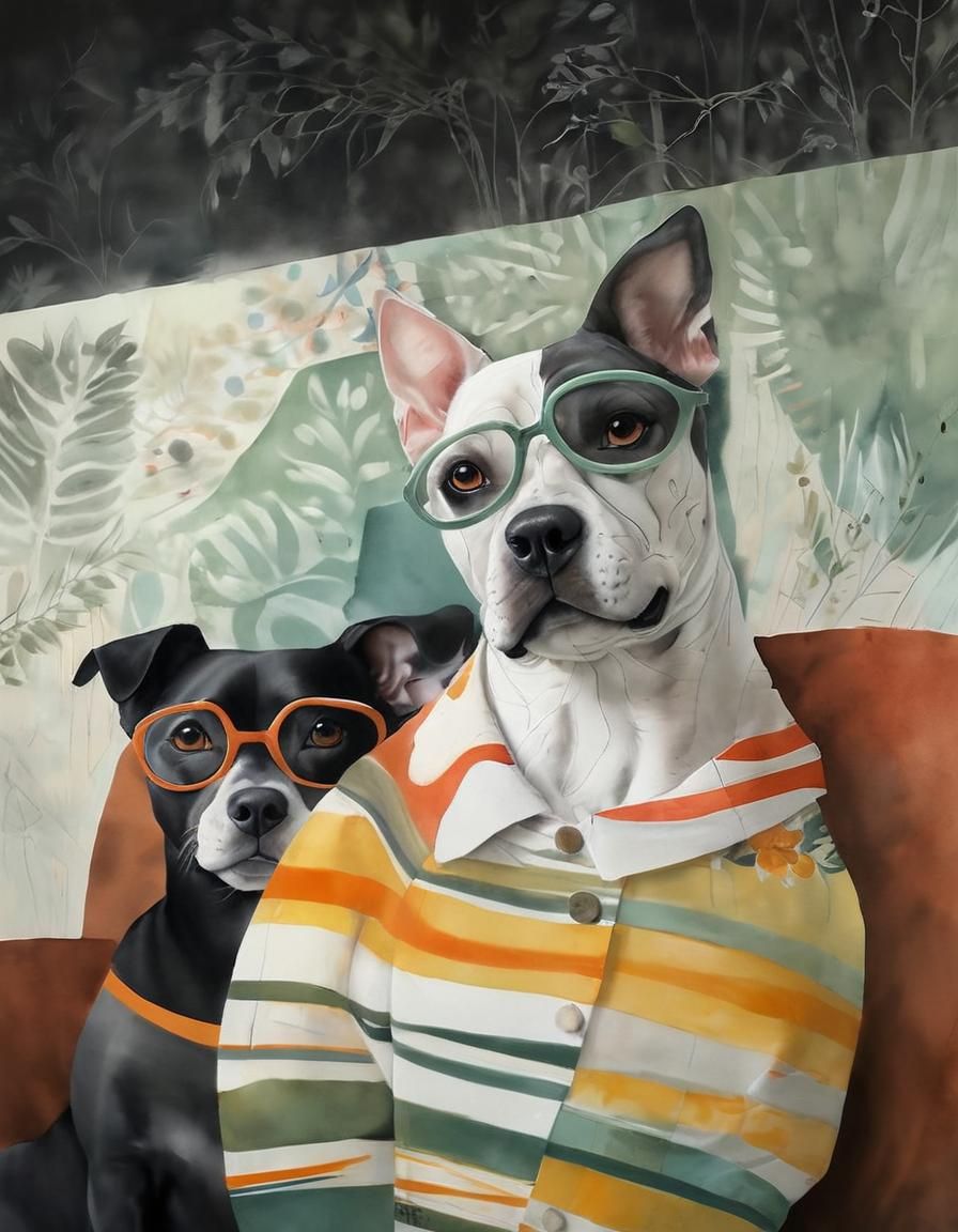 Two Abstract Dogs in Watercolor and Mixed Media