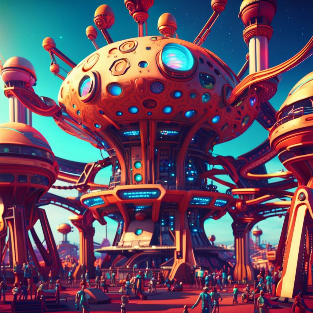 Futuristic Martian Amusement Park with Robots in 2099