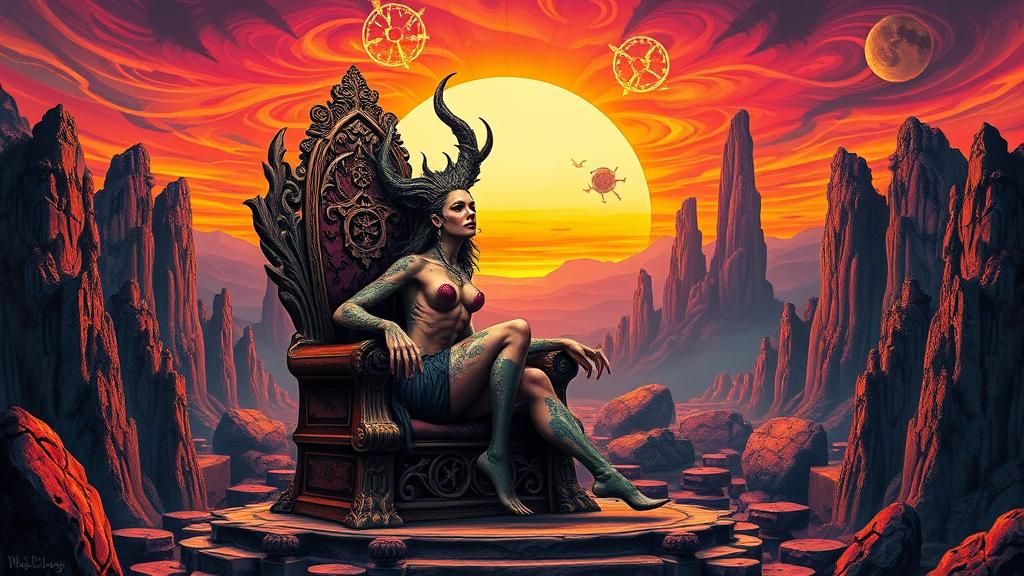 Gothic Venus on Throne in Surreal Landscape