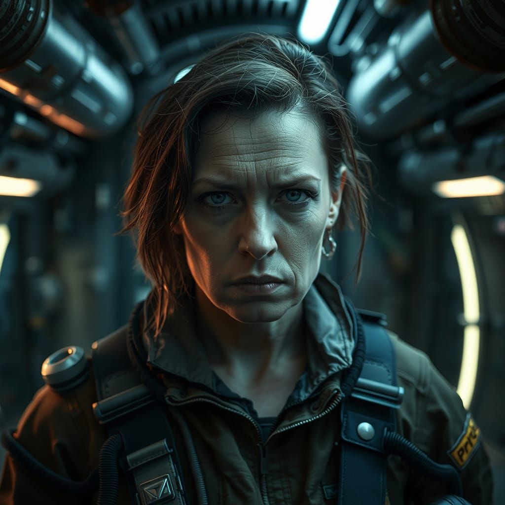 Intense Woman on Spaceship in Cinematic Style