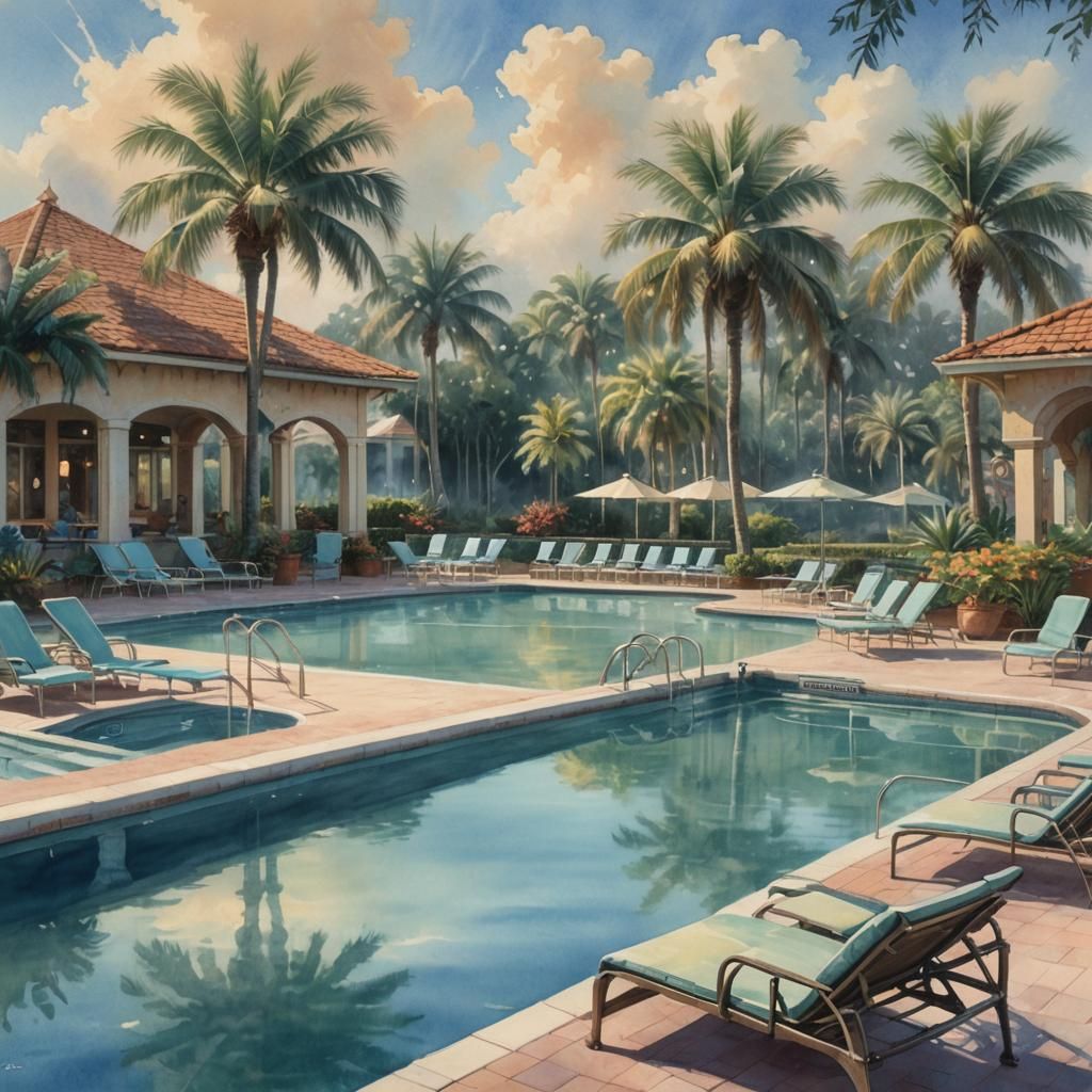 Florida Poolside in Soft Pastel Watercolor