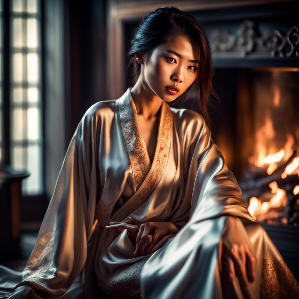 Hyperrealistic Asian Vampire in Silk Robe by Fire