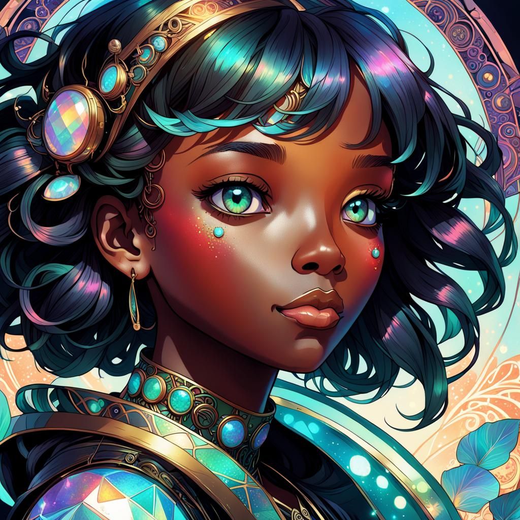 Anime Black Girl Portrait in Cyber-Fantasy Style