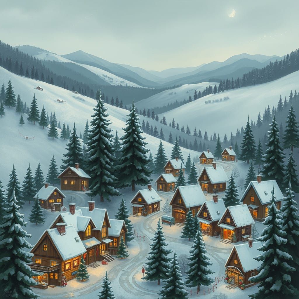 Surreal Winter Wonderland Village in Soft Brushstrokes
