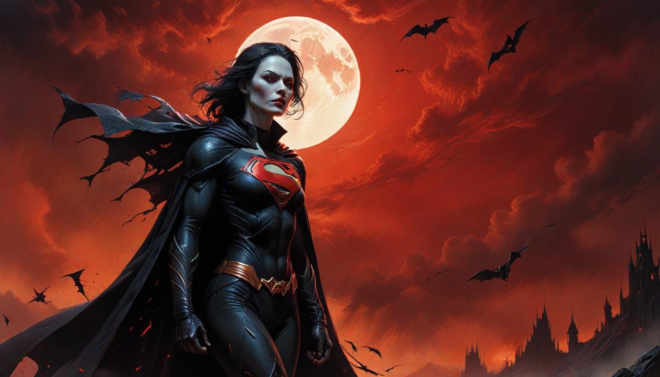 Surreal Vampire Goddess Under Dark, Blood-Red Moonlight