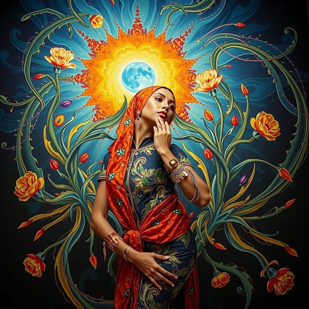 Psychedelic Floral Garden Background with Cosmic Mystery