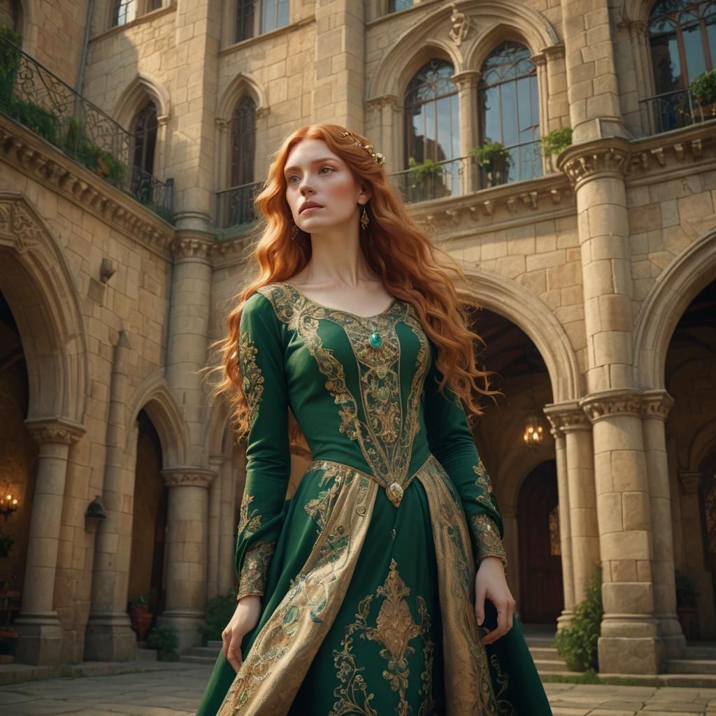 Regal Woman in Castle Courtyard, Pre-Raphaelite Style