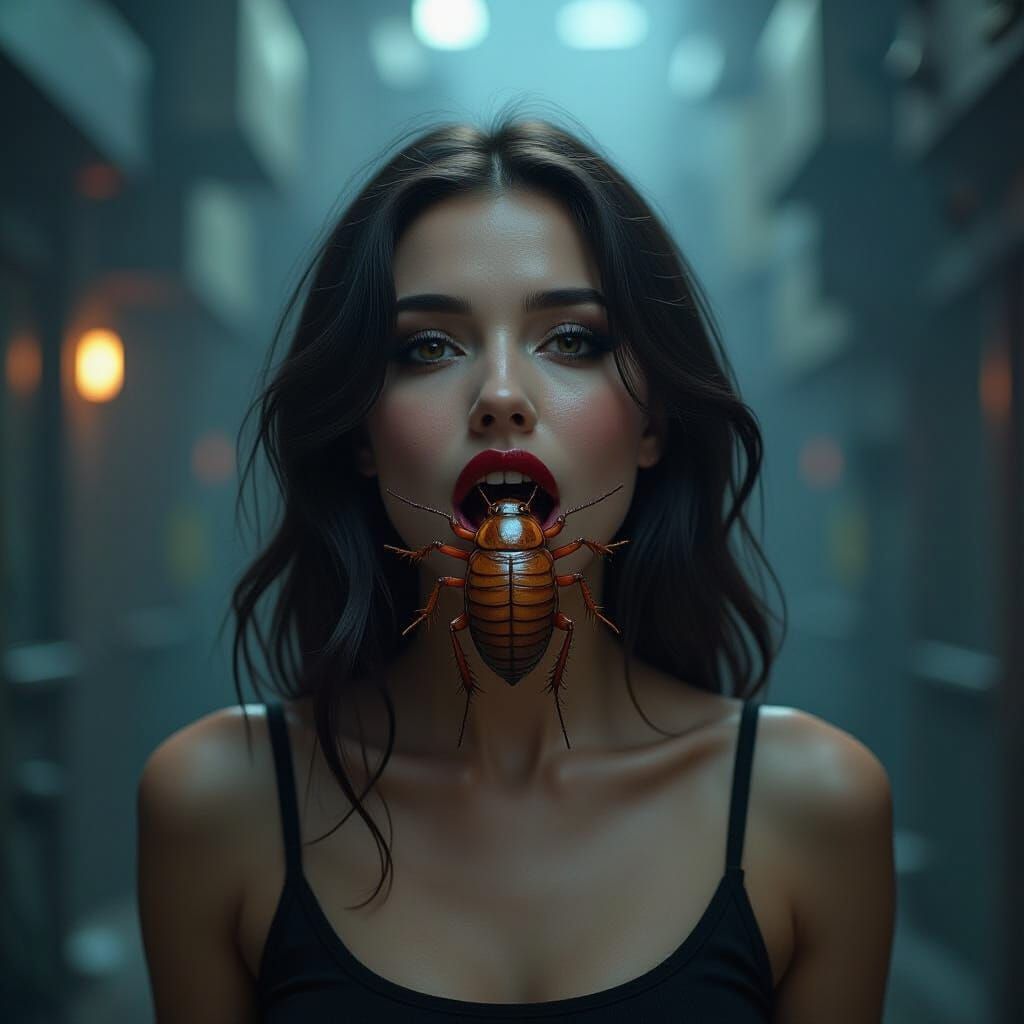 Eerie Woman with Cockroach in Biomechanical Horror Style