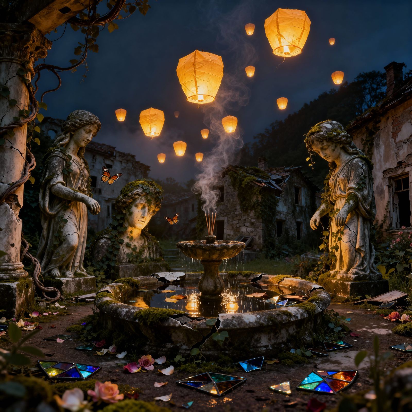 Surreal Abandoned Garden with Lanterns and Mossy Statues