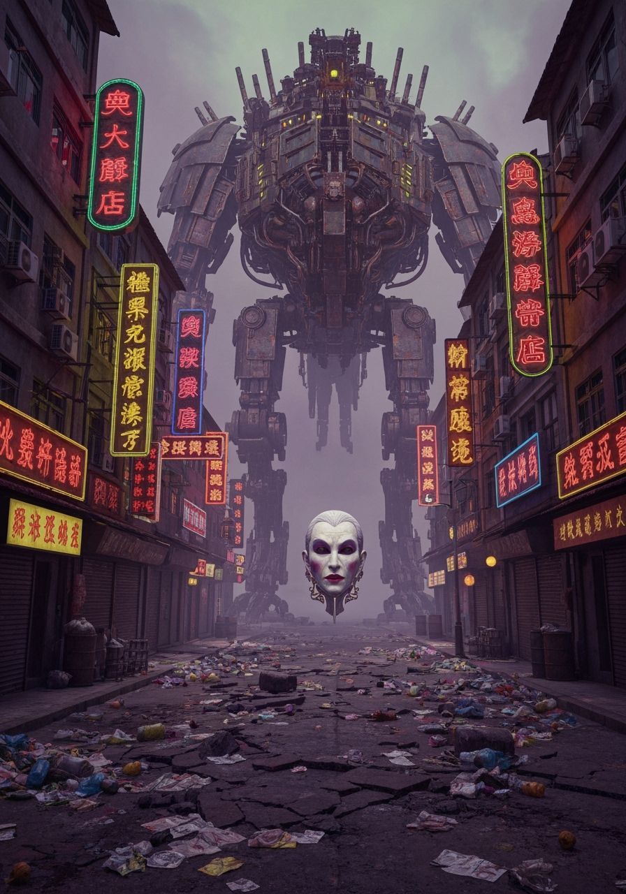 Neon-Lit Streets Dominated by Mechanical Fortress