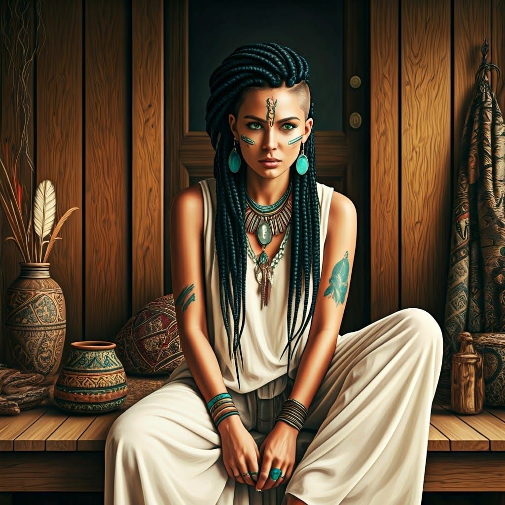 Woman with Braids and Tribal Paint, Digital Portrait