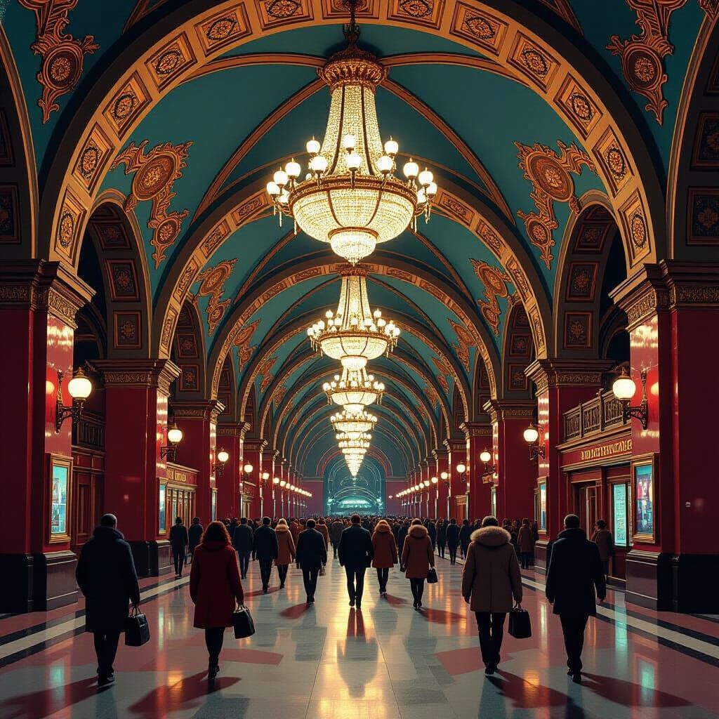 Bustling Moscow Metro Station in Stalinist Grandeur