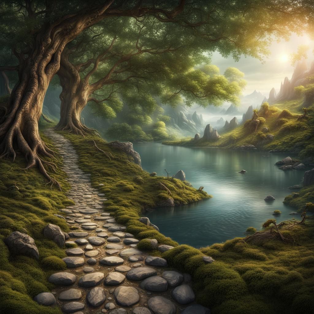 Enchanted Forest: Rivers, Mountains, and Leaf-Covered Path