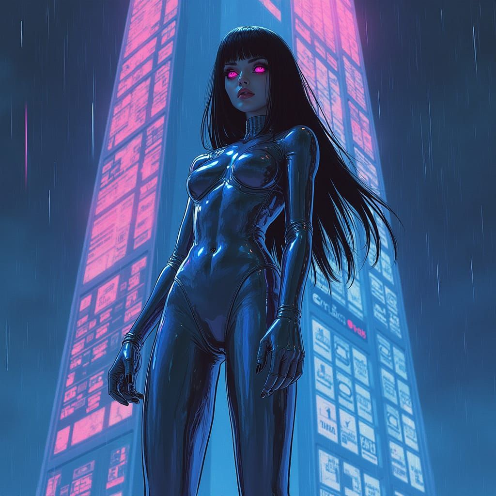 Cyberpunk Goddess in Chrome Armor, Lunar Skyscraper