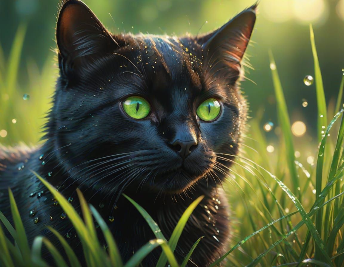 Hyper-Realistic Black Cat in Emerald Oasis