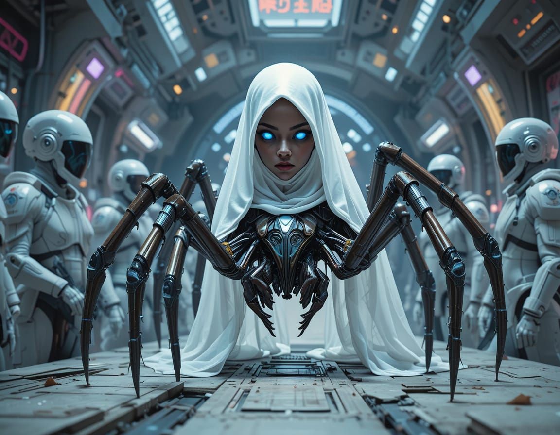 Glowing Spider Goddess in Futuristic Battle Scene