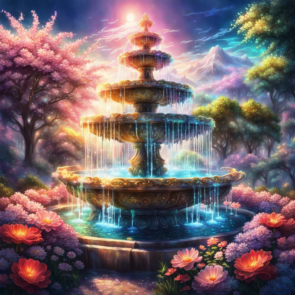Anime-Inspired Crystal Fountain with Flowers