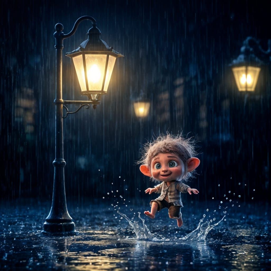 Cute Rain Troll Jumps in Puddle Under Streetlamp