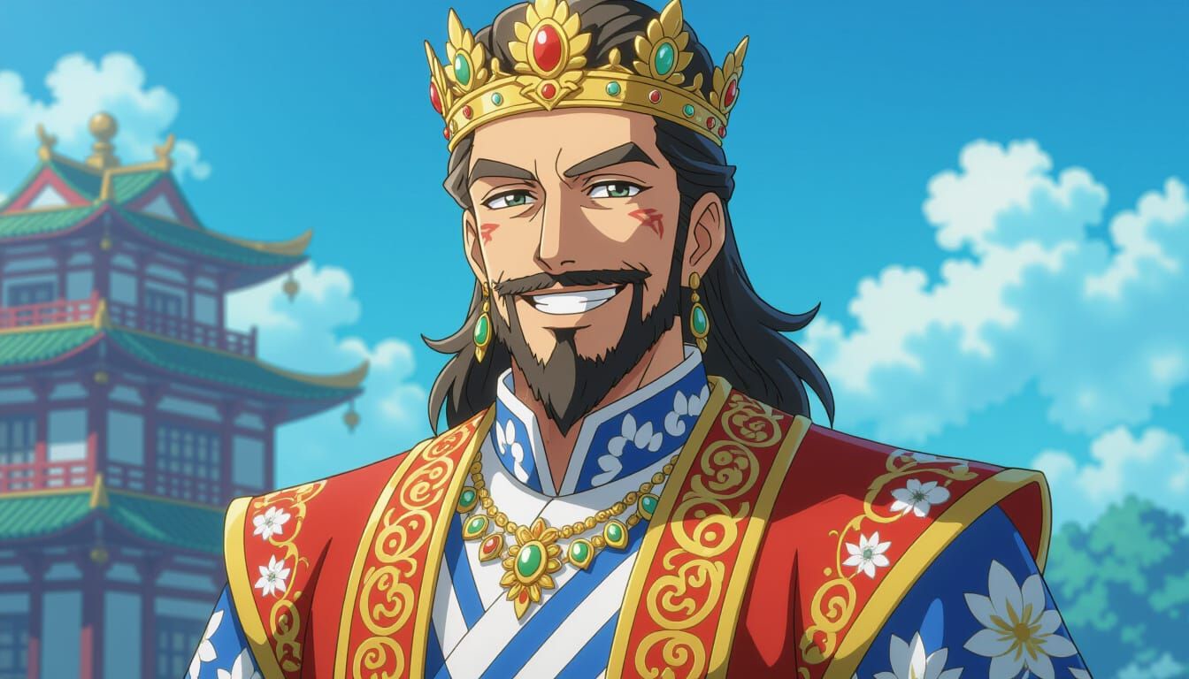 Anime King with Golden Laurels in Cel-Shaded Style