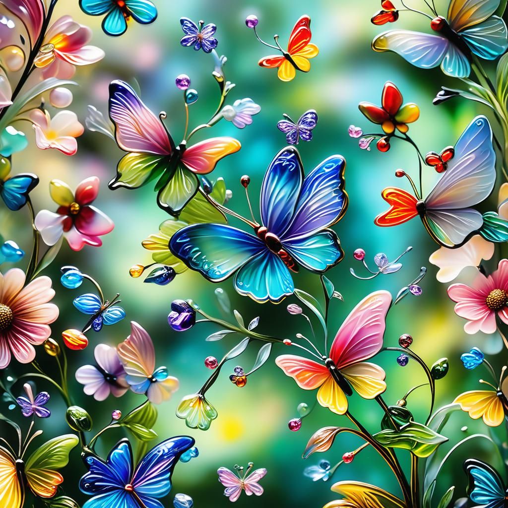 Delicate Glass Flowers and Butterflies in Enamel