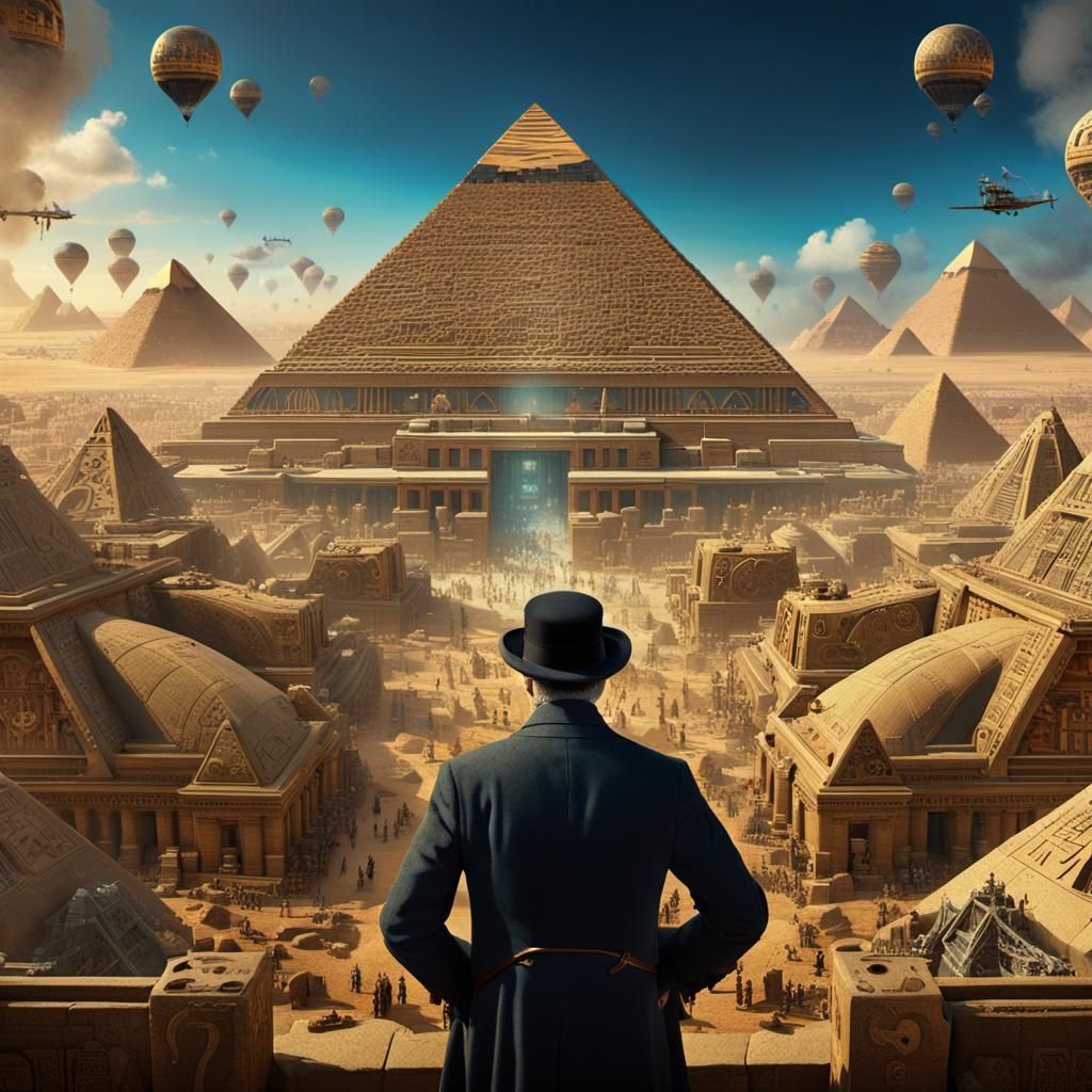 Steampunk Inventor in Escher-Inspired Egyptian Necropolis