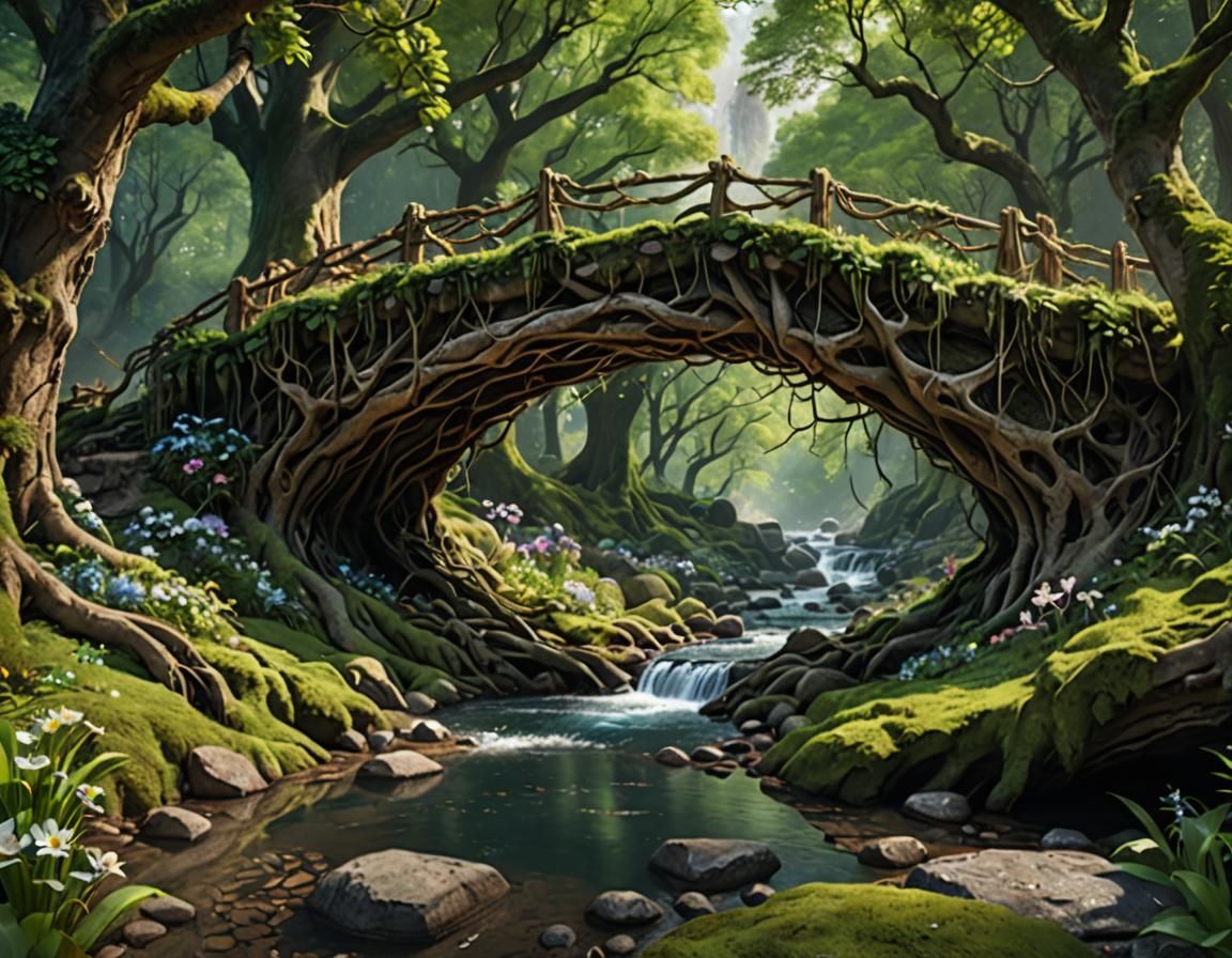 Living Root Bridge in Green Forest: Fantasy Art