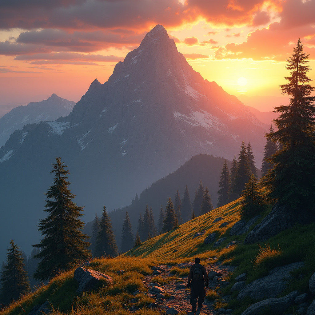Autumn Mountain Landscape with Mountaineer, Fantasy Art