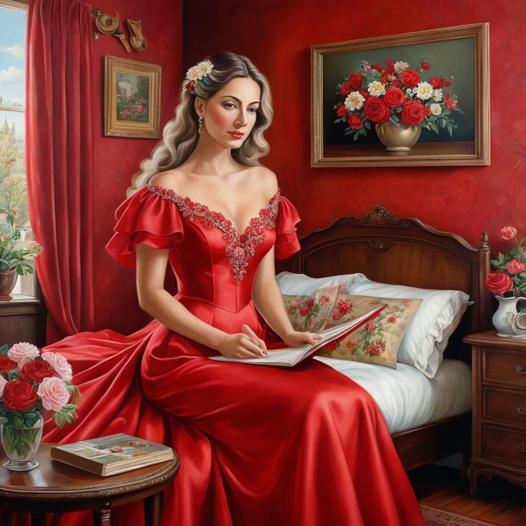 An oil painting of A beautiful lady in a red dress scrapbooking in a bedroom decorated with flowers, in the style of pai...