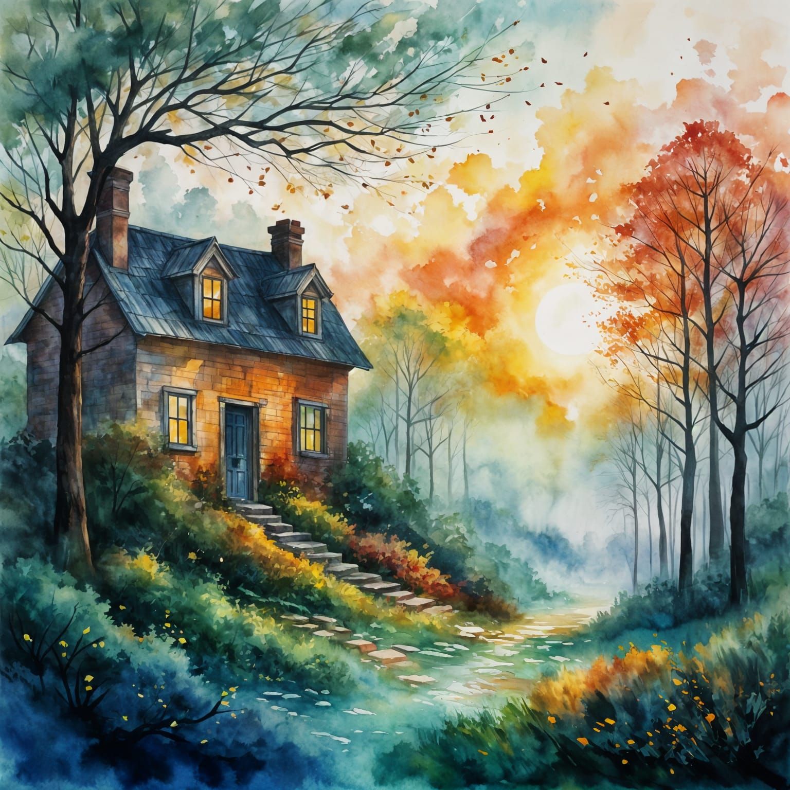 Watercolor Sunrise House on Nottingham Hill