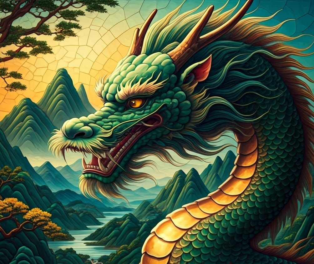 Traditional Chinese Dragon Amidst Vibrant Guó Huà Landscape