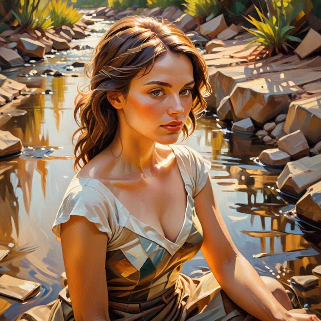 Woman by Stream: Sepia Cubist Oil Painting