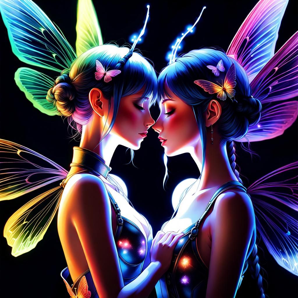 Lesbian Fairies Kissing Under Rainbow Constellations