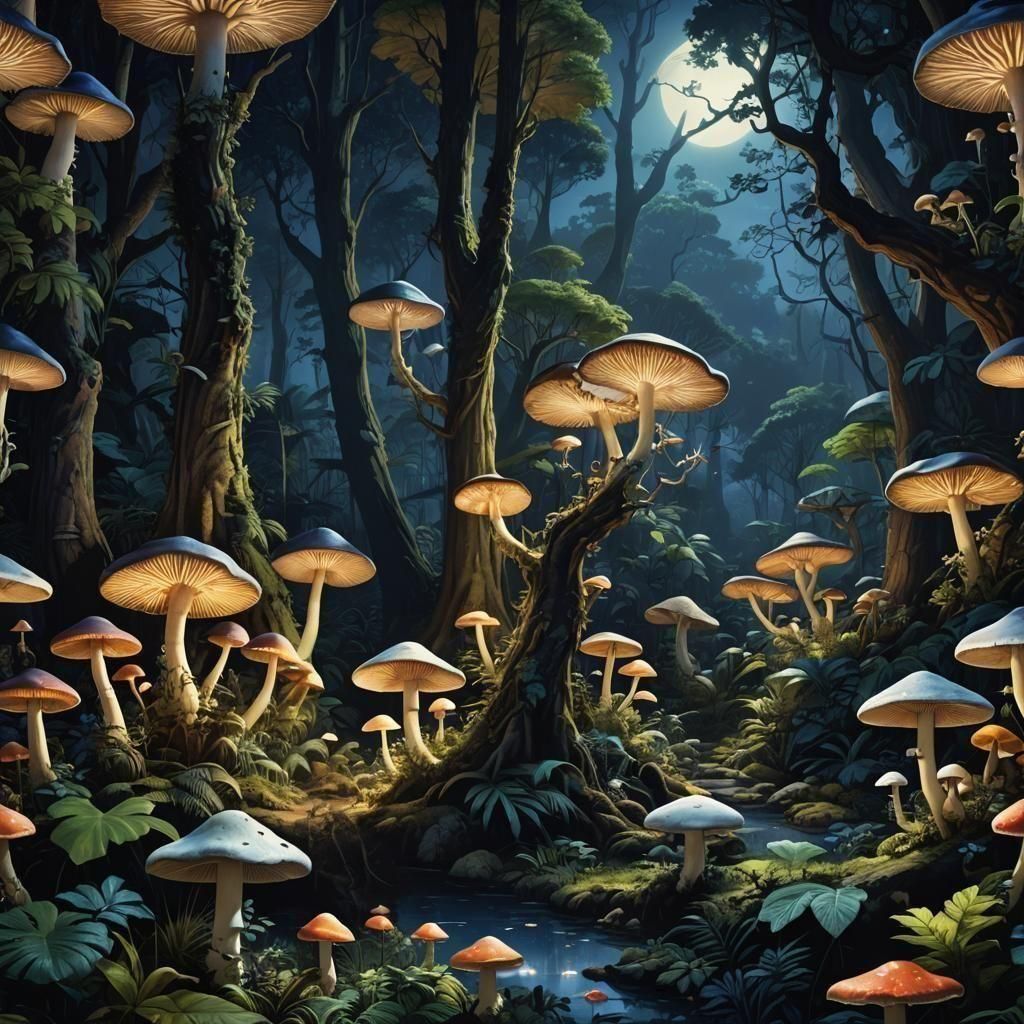 Glowing Mushrooms Illuminate a Tropical Night Forest