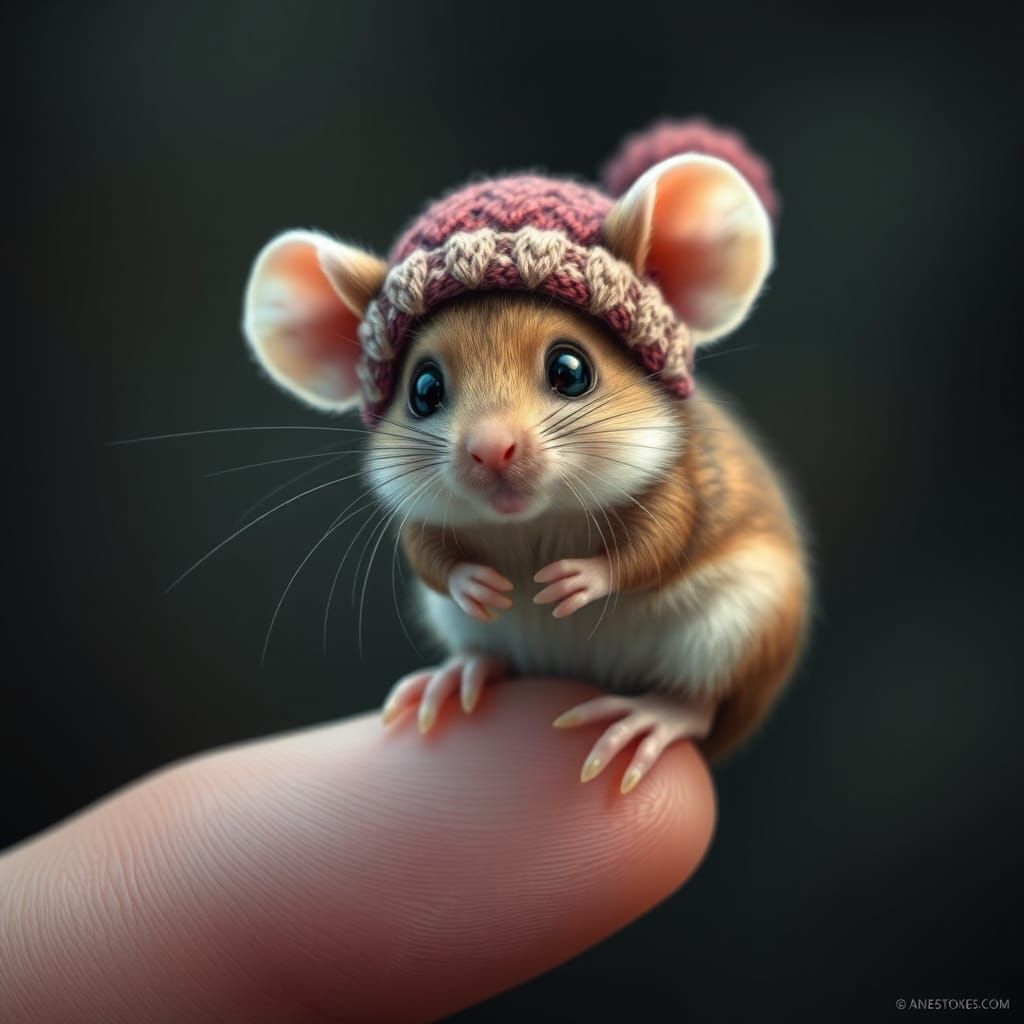 Mouse with Knit Cap on Finger: Fantasy Art