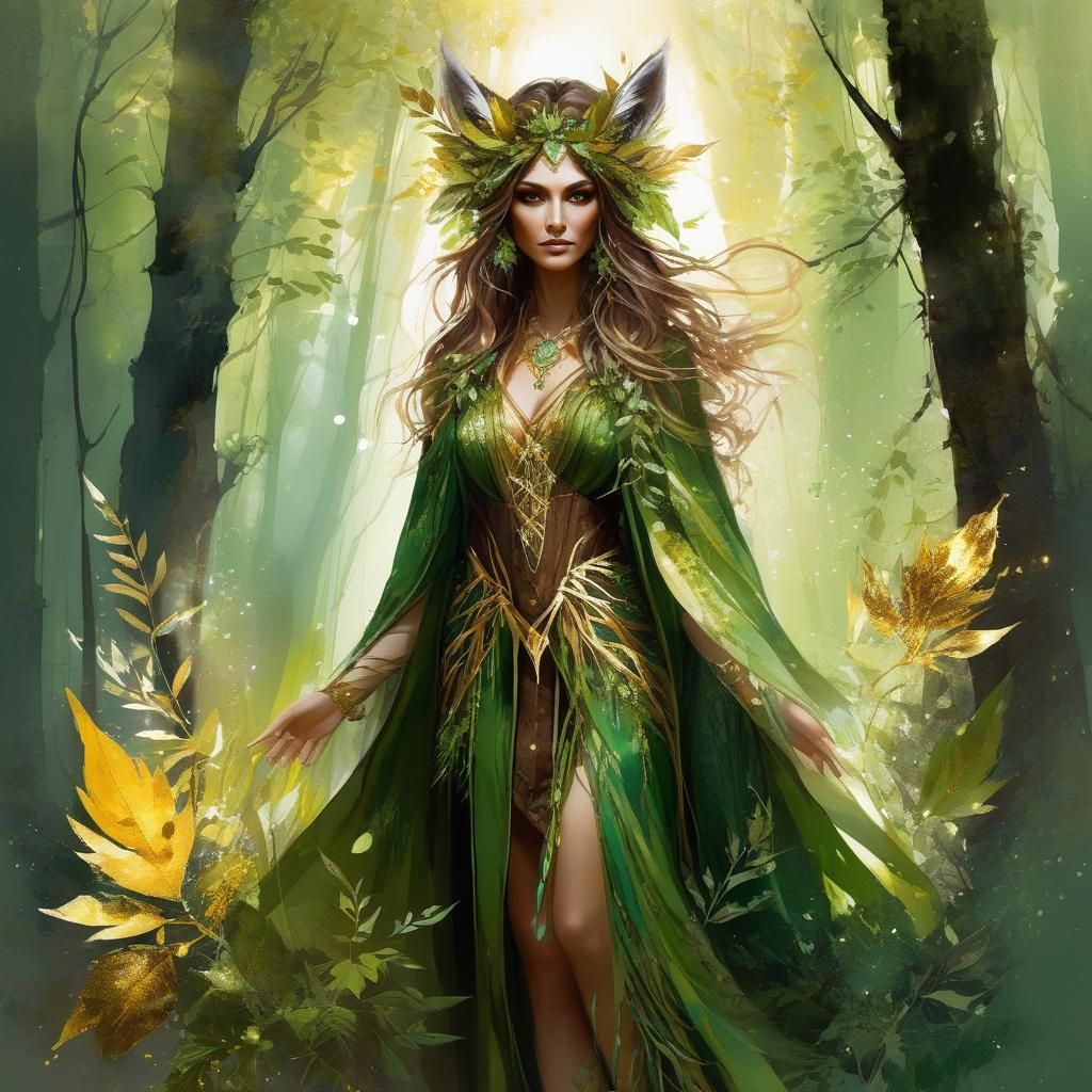 Nature's Guardian Witch in Sunlit Forest