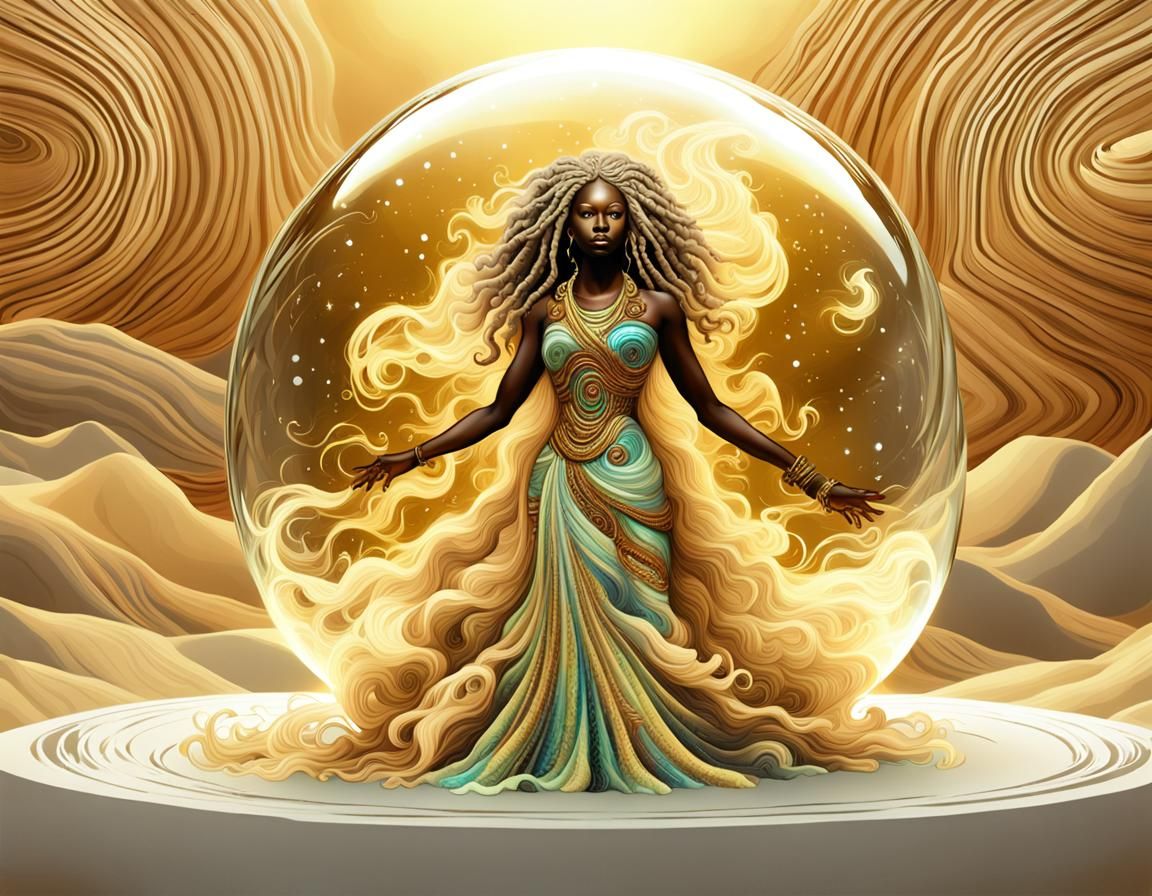 Metallic Gold Goddess in Afrofuturist Snowglobe