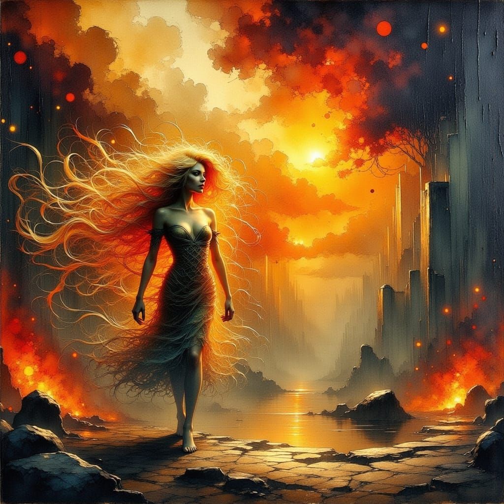 Fiery Haired Woman in Surreal Stillness