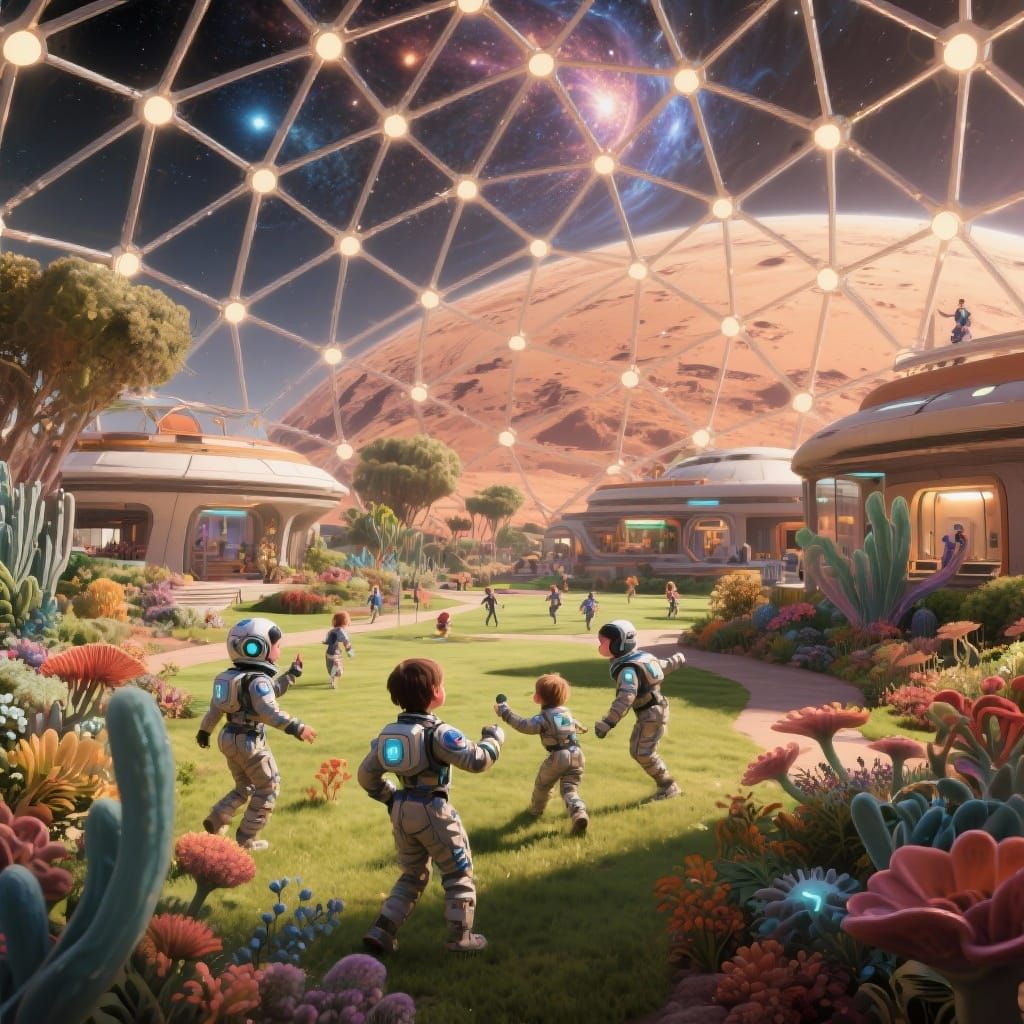 Children Play in a Futuristic Martian Dome Park