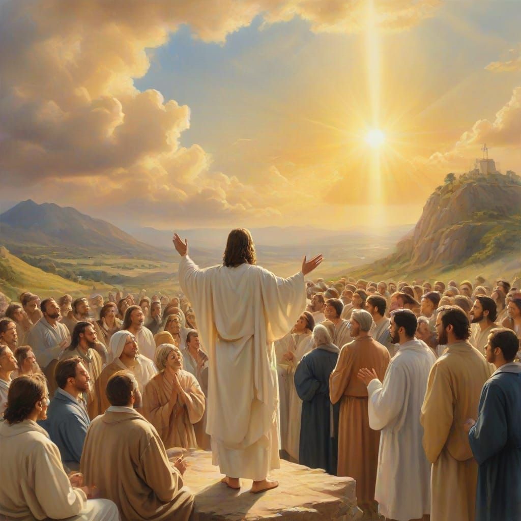 Jesus Preaching Sermon on Mount in Romantic Watercolor Style