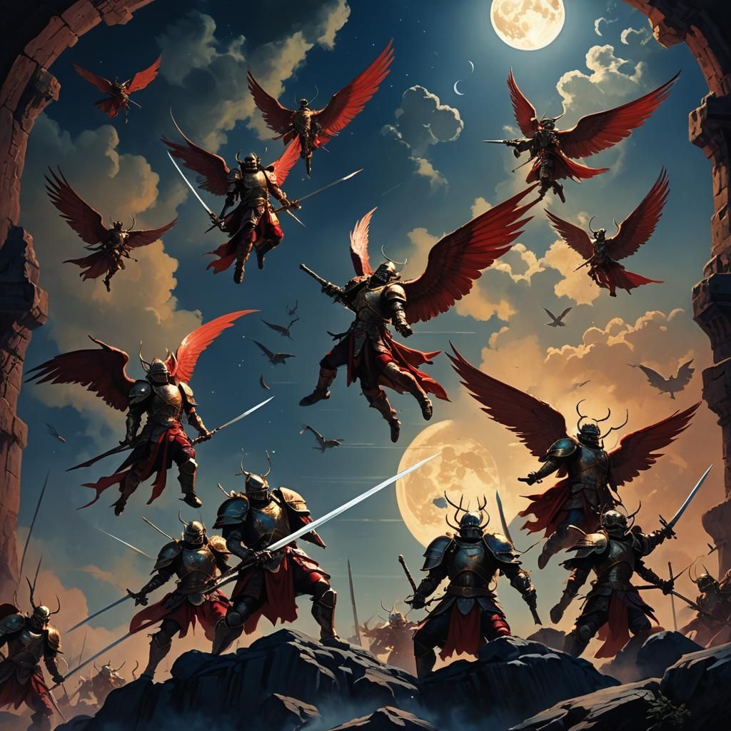 Winged Knights Salute the Moon in Dark Fantasy Style