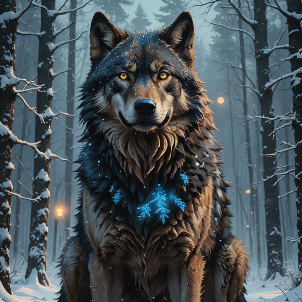 Majestic Wolf in a Dark Fantasy Winter Forest
