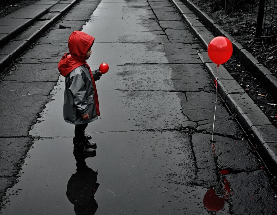 Child with Red Balloon in Rainy Dark Academia Scene