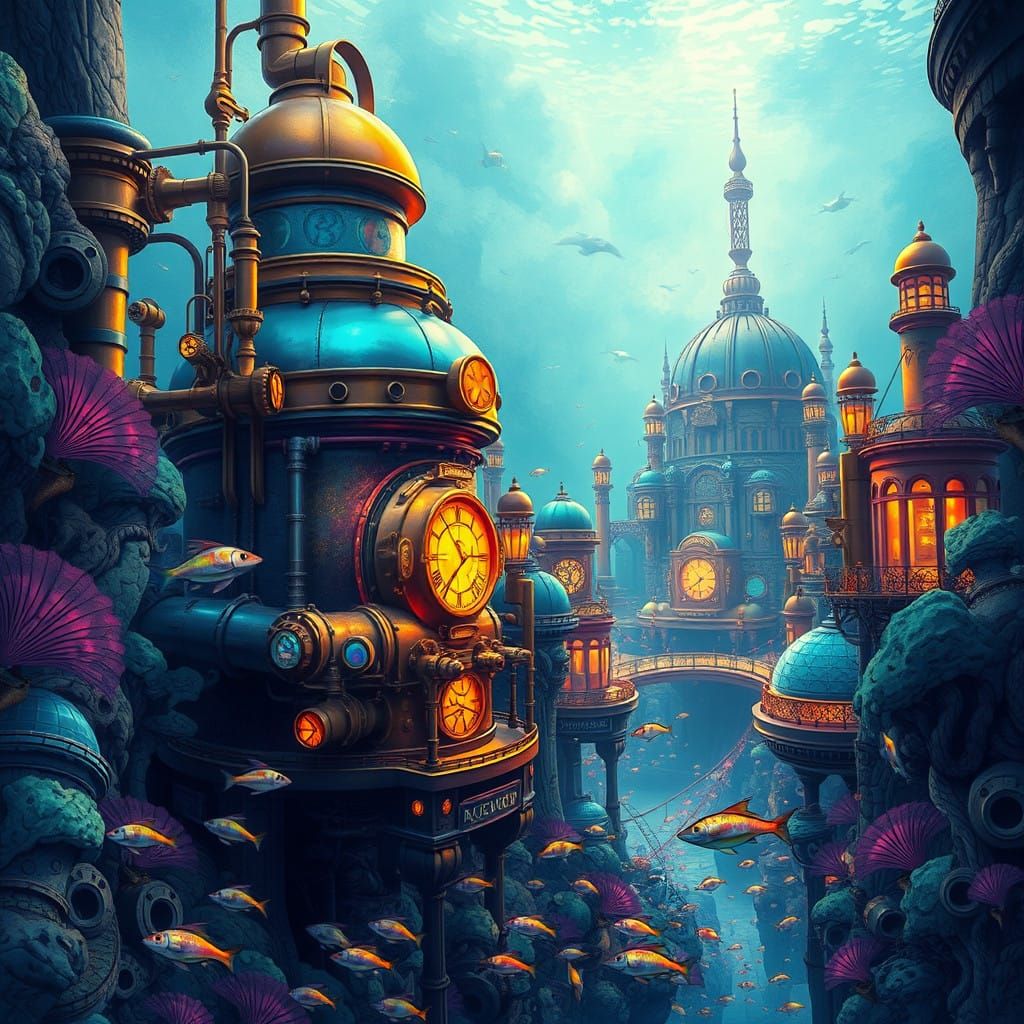Underwater Steam Punk Metropolis in Jules Verne Style